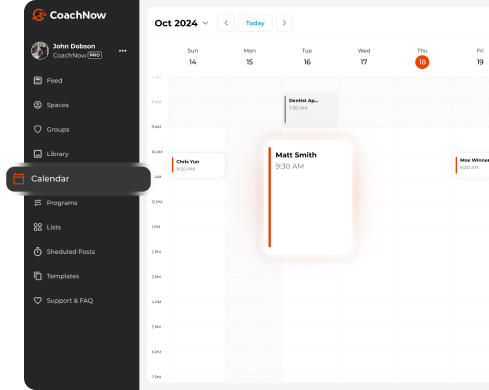 CaochNow Calendar Scheduling showing a coach's availability