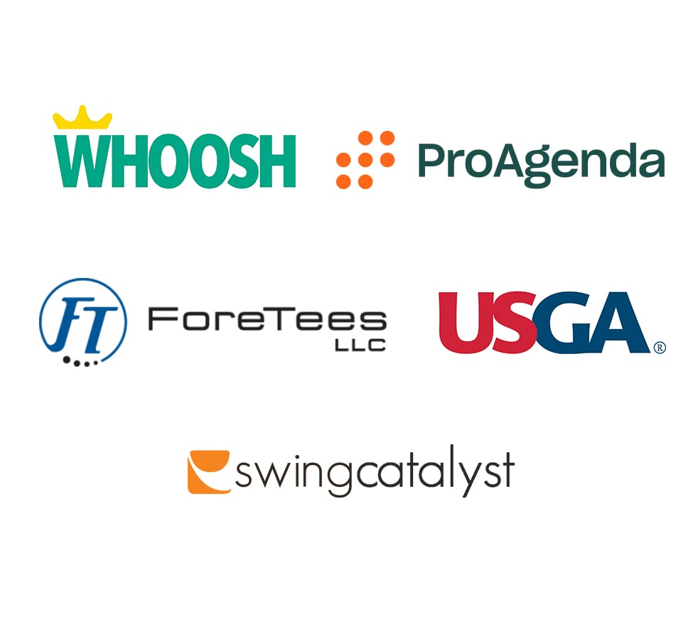 Compatible CoachNow integrations with logos from Whoosh, ProAgenda, ForeTees, USGA, Swingcatalyst