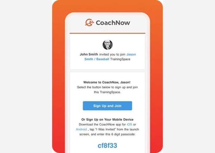 Athletes invitation email from CoachNow