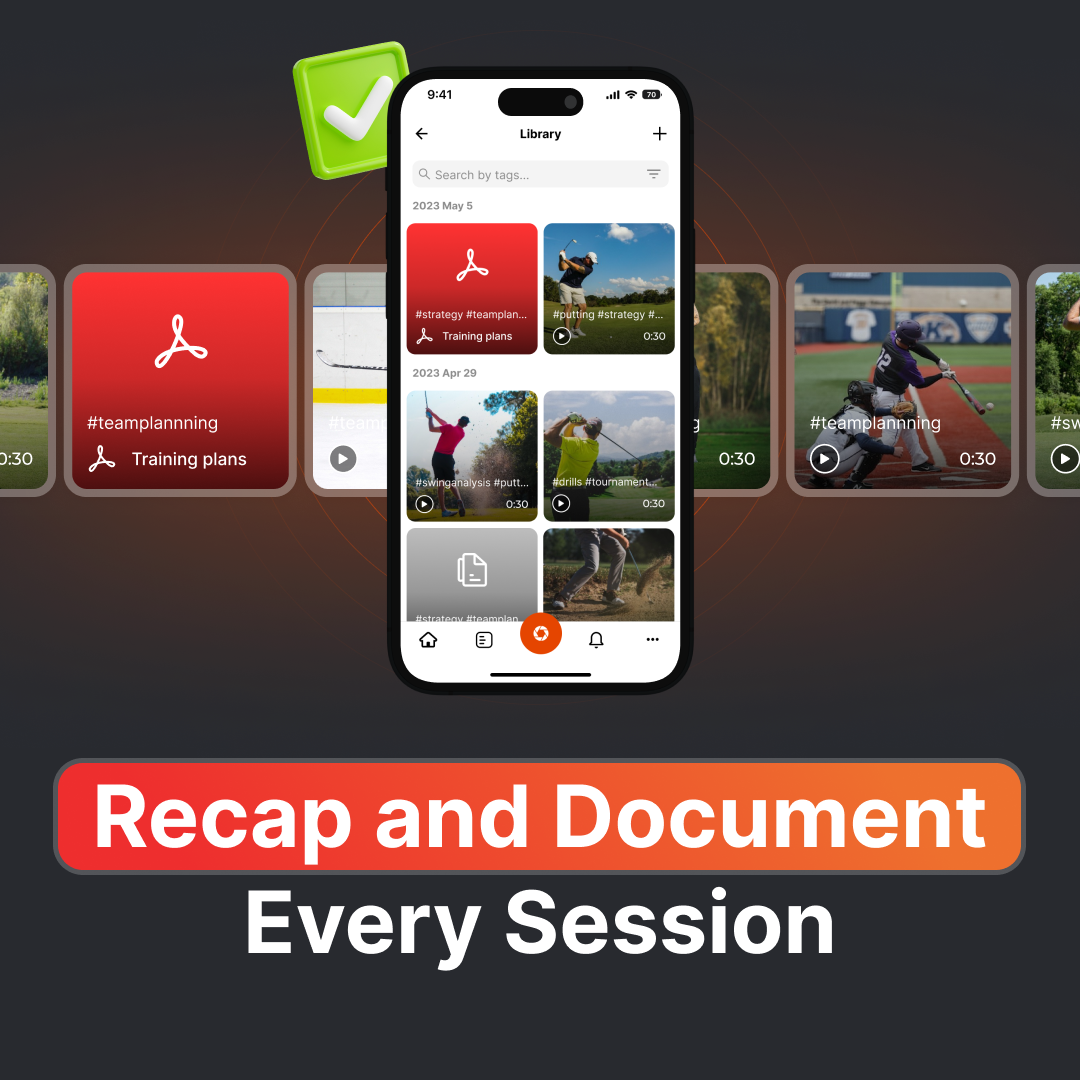 An iPhone in the center of the screen with a checkmark and a row of videos behind it showing people playing baseball and golf using CoachNow with text underneath that reads Recap and Document Every Session