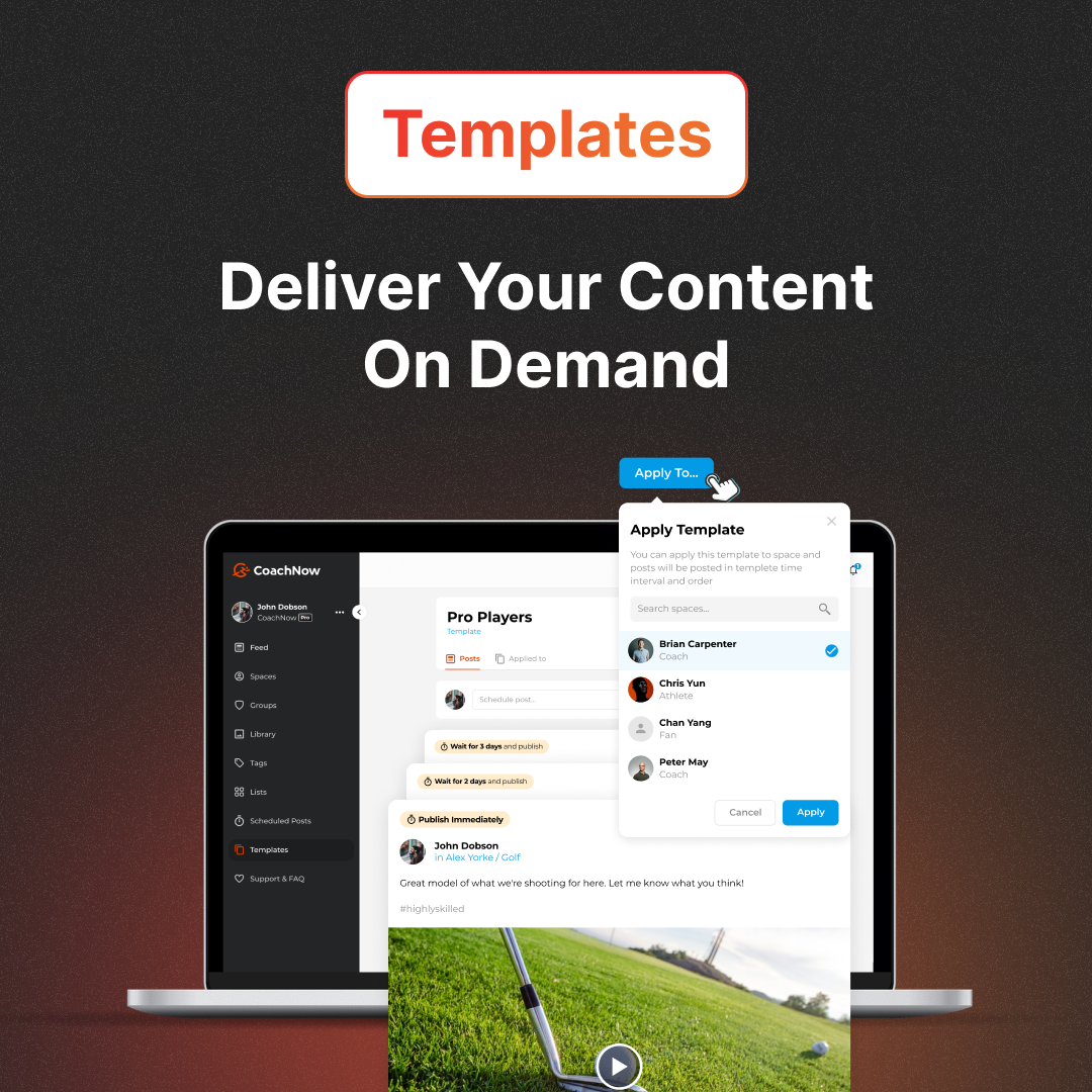 templates deliver your content on demand, mac laptop showing coachnow app templates