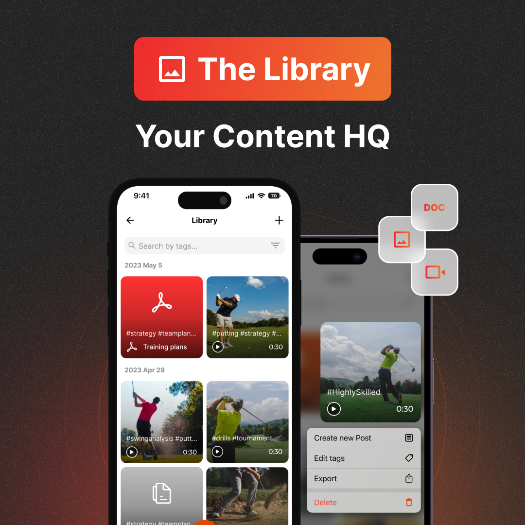 the library your content hq iphone showing coachnow app and golfers swinging golf clubs