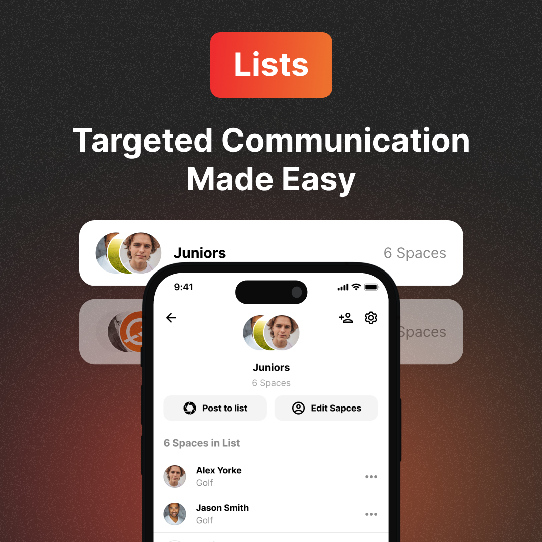 lists targeted communication made easy, iphone showing lists feature in coachnow app