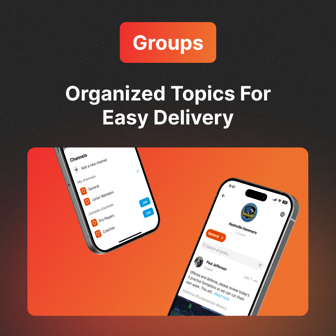 groups organized topics for easy delivery, iphone showing groups feature of coachnow app