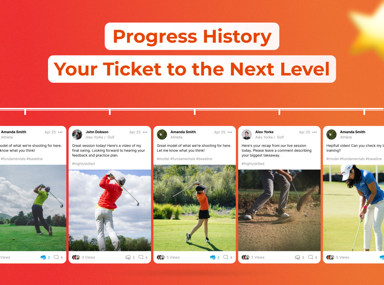 progress history your ticket to the next level, five images of various athletes training in golf