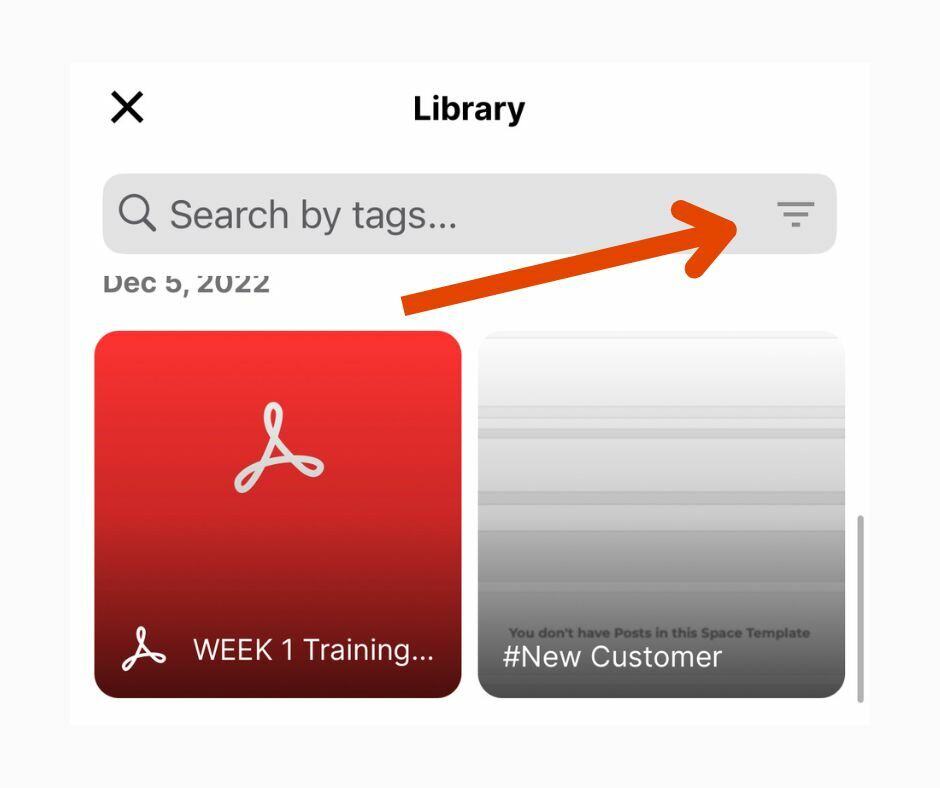 screenshot in the coachnow app showing how to find content in your library with filtered search