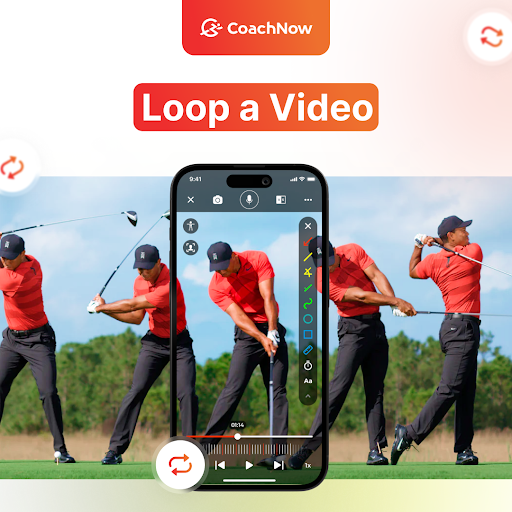 coachnow loop a video, man wearing a red shirt and black pants swinging a golf club in various phases of motion